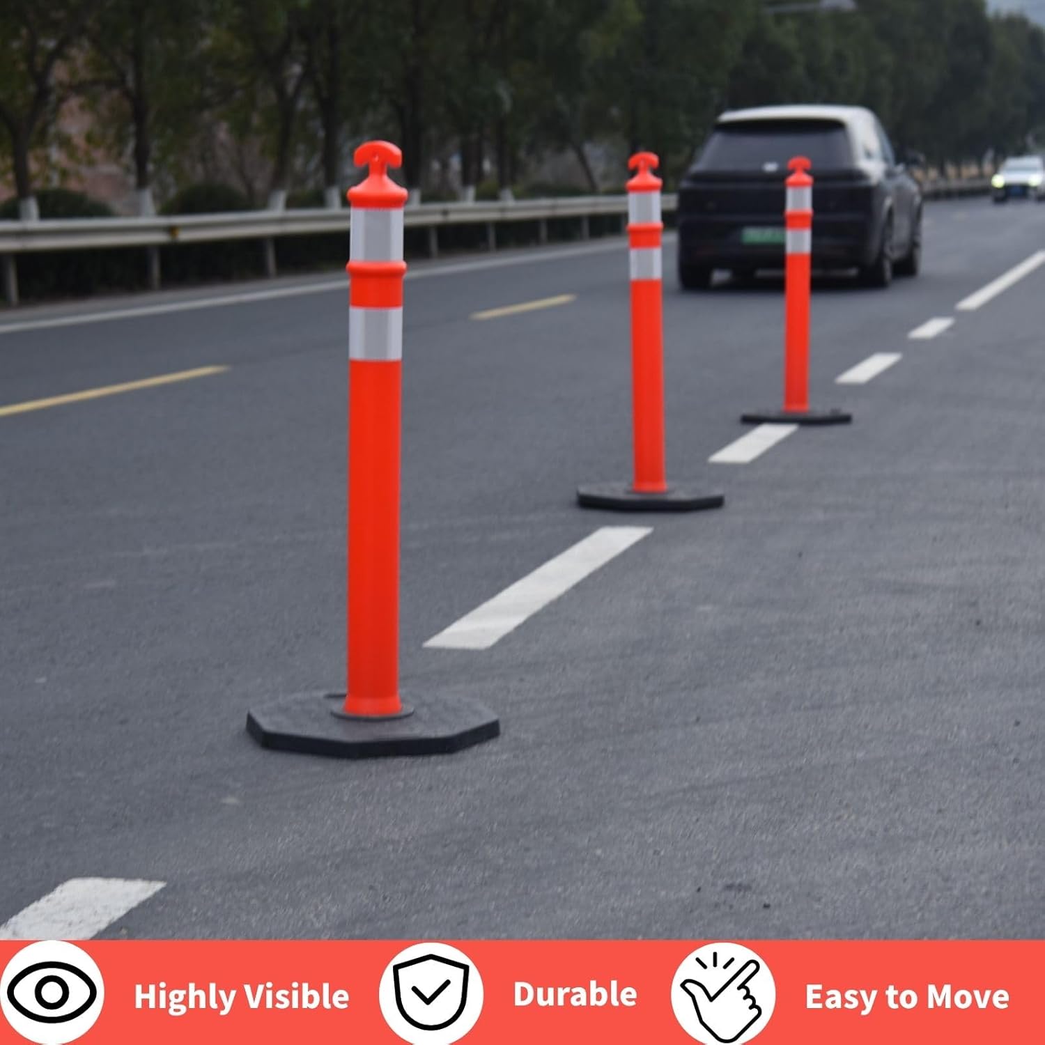 Reflective Rubber Base Traffic Delineator Post - Heavy-Duty Safety Bollards for Parking Lot Markers, Road Construction, Driveway Warning - with Reflective Strips (6 Pack - 42 Inch)