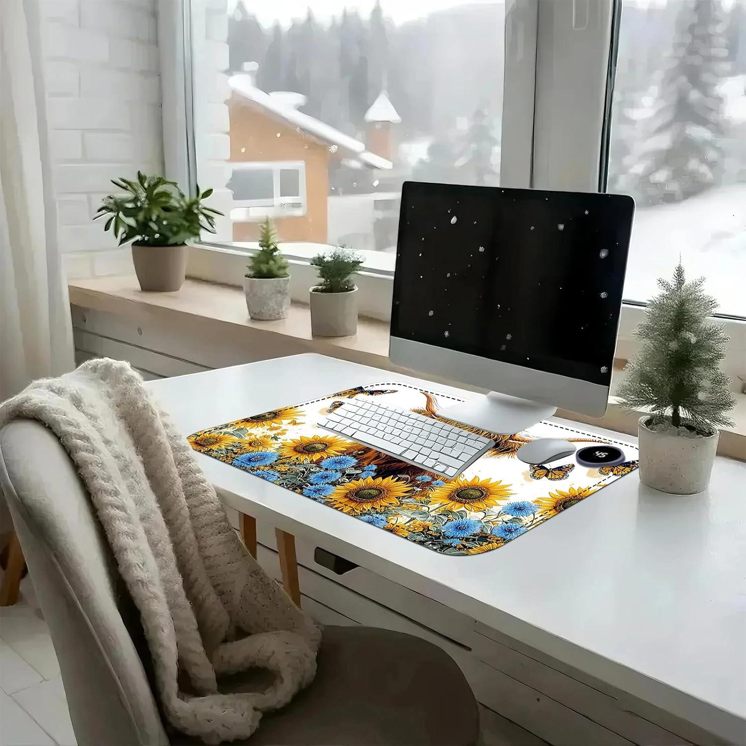 Heated Mouse Pad with 3 Temperature Settings(104°F–122°F),Large 24x14.2 Inch PU Leather Heated Desk Mat,Waterproof Warming Pad for Office,Gaming & Cold Hands Relief,Sunflower Cow