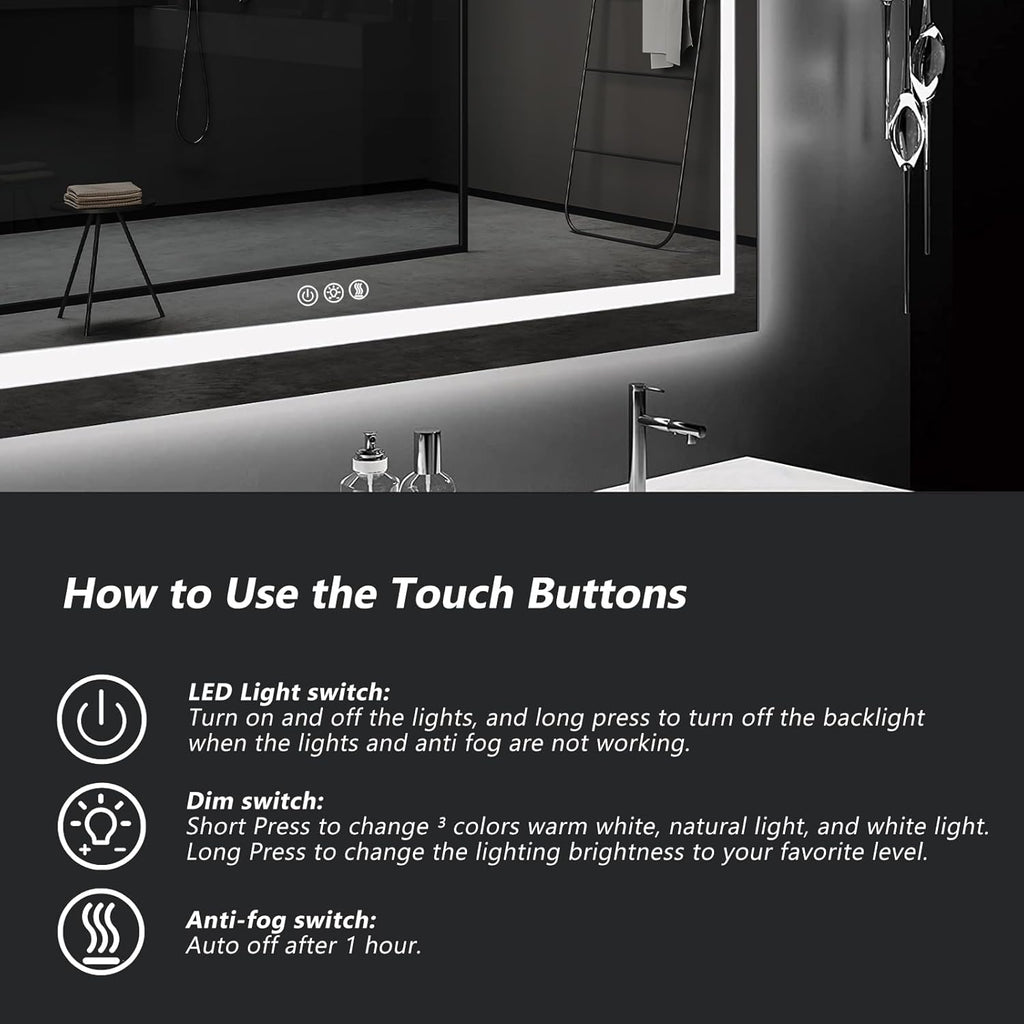 ROOMTEC LED Bathroom Mirror 28 x 20 Inches with Front and Backlit,Anti-Fog,3 Colors and Dimmable Light(Horizontal/Vertical)