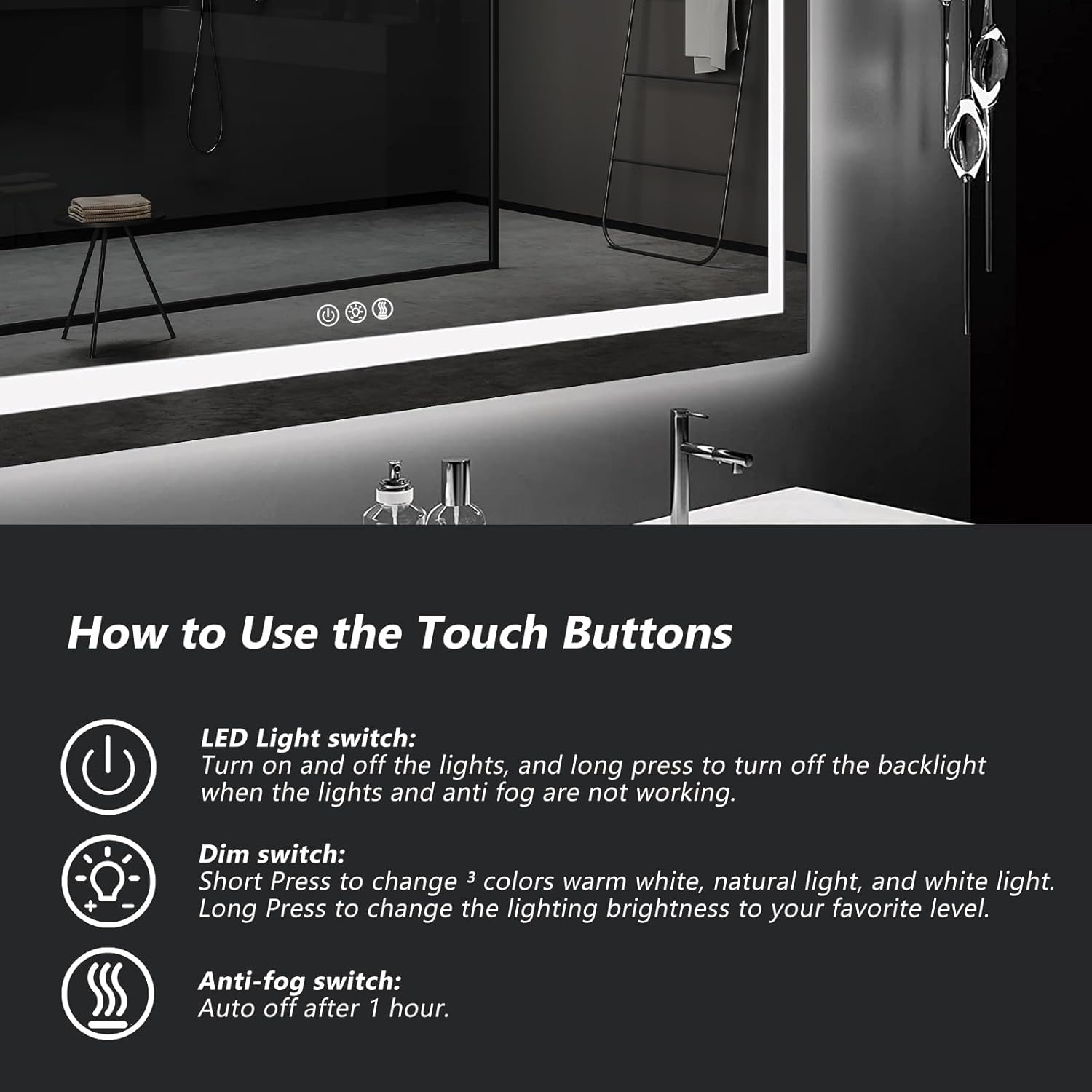 ROOMTEC 36 x 36 Inches LED Bathroom Mirror with Front and Backlit,Anti-Fog,3 Colors and Dimmable Light(Horizontal/Vertical), Silver