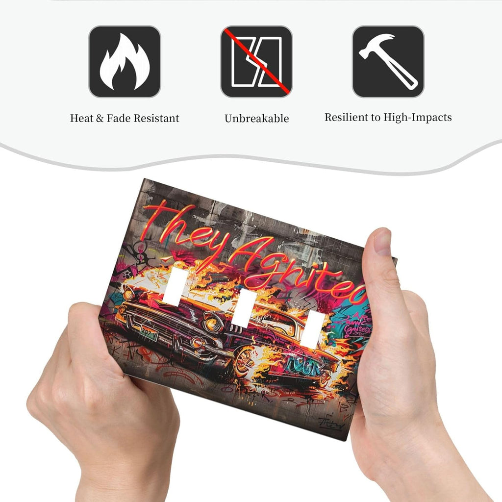 Decorative Switch Plates Hip Hop Street Graffiti Flame Car 3 Gang Wall Plate Triple Toggle Light Switch Cover Faceplate Electrical Wall Panels for Bedroom living Room Decor