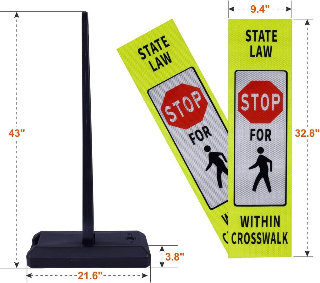 Pedestrian Crosswalk Sign with Heavy Weighted Water-Filled Base - 2 Sets, Reflective Safety Traffic Sign for Sidewalks, Parking Lots, and Roadways, Durable and Portable