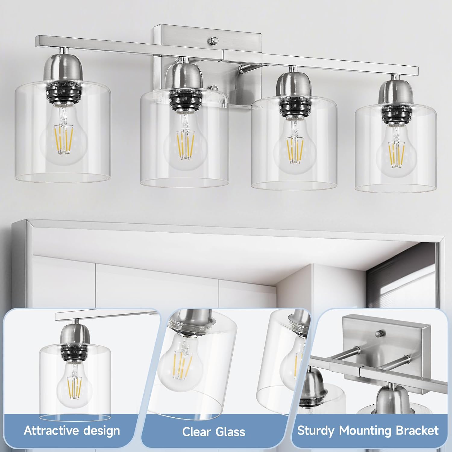Modern Brushed Nickel 4 Light Bathroom Light Fixtures, 24 inch Vanity Lights for Bathroom with Clear Glass, Vanity Lights for Mirror Kitchen Living Room Hallway Cabinet Porch