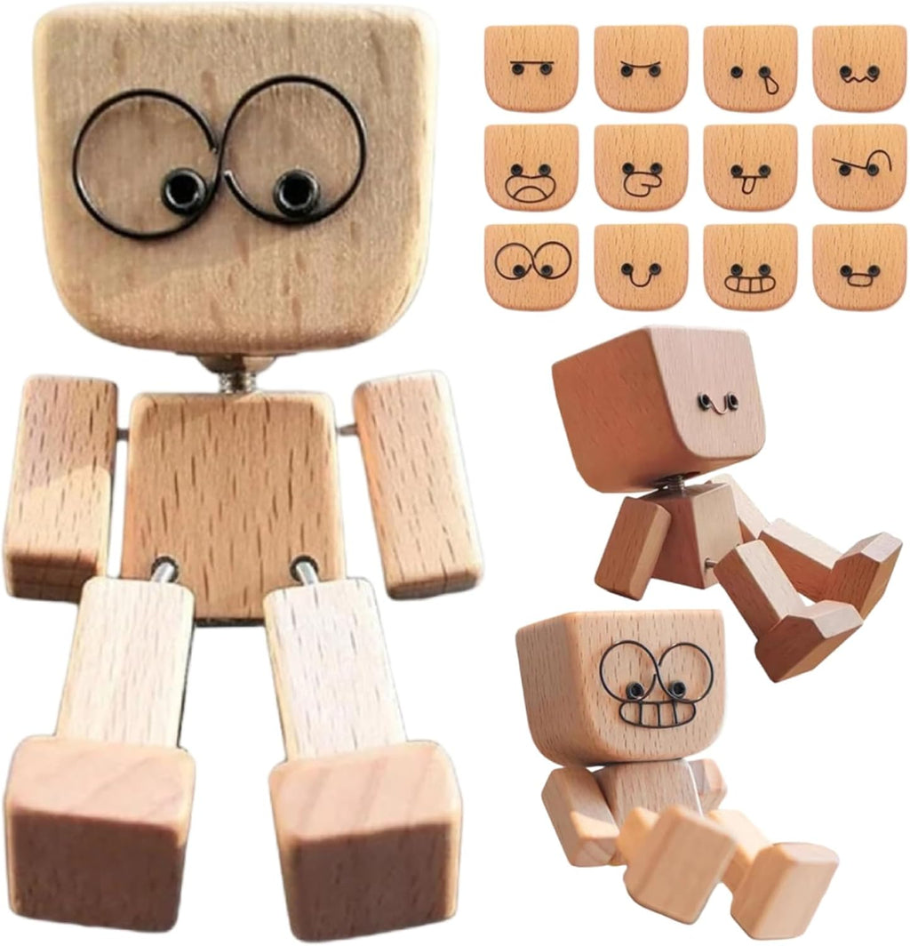 Shaking Wooden Man Figurine - 12 Magnetic Changeable Faces, Handmade Shaking Feet Wooden Doll for Car Dashboard Decorations, Funny & Creative Desktop Office Desk Decor (White 2pcs)