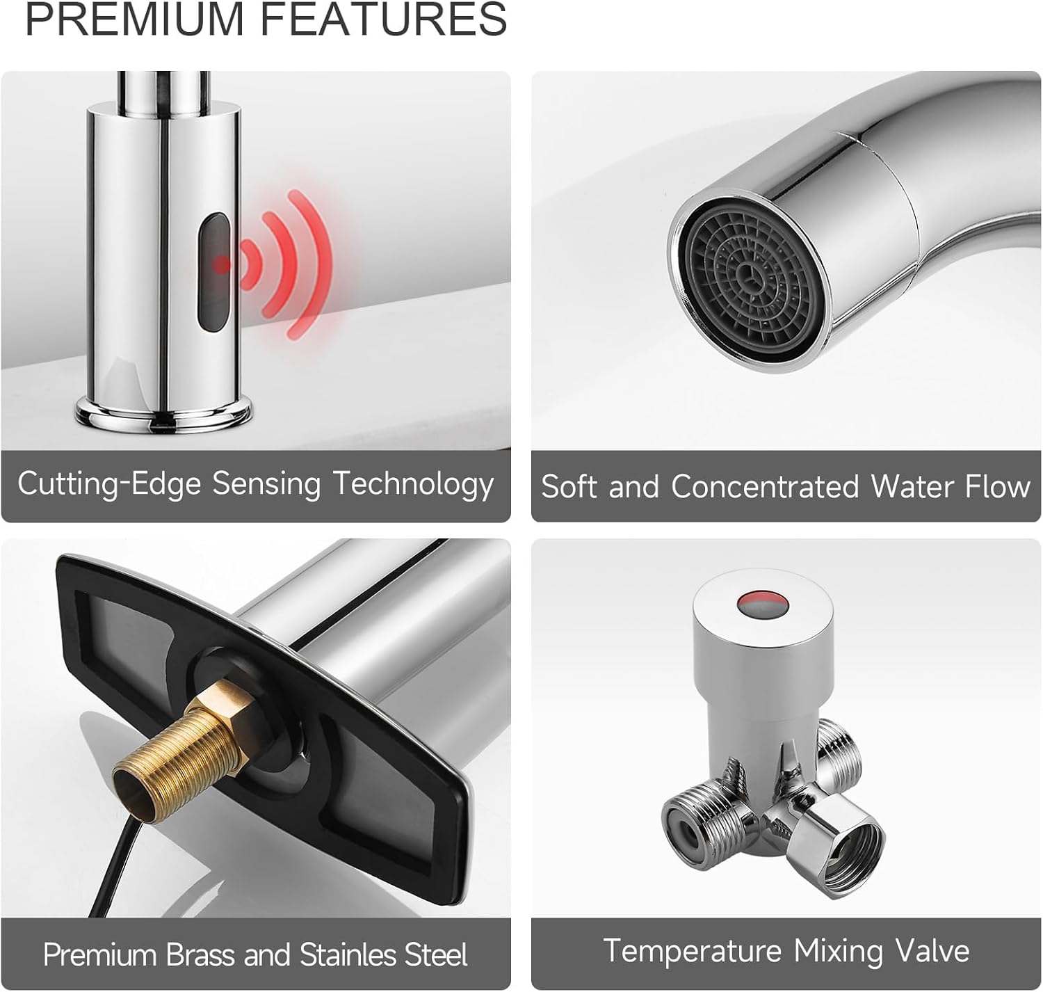 Automatic Touchless Bathroom Sink Faucet Motion Sensor Commercial Kitchen Hands Free Faucet with Hole Cover Plate,AC/DC Powered, Public Sink Faucet,Chrome (Chrome High)