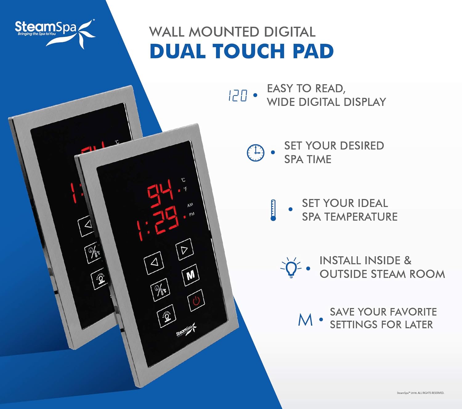 SteamSpa 6kW Quickstart ACU-Steam Bath Generator, Touch Pad Control Panel, Steamhead, Pressure Relief Valve, LED Light, Filter, Built in Auto Drain and Plumber Ready Quick Install Kit EXT600BN-A