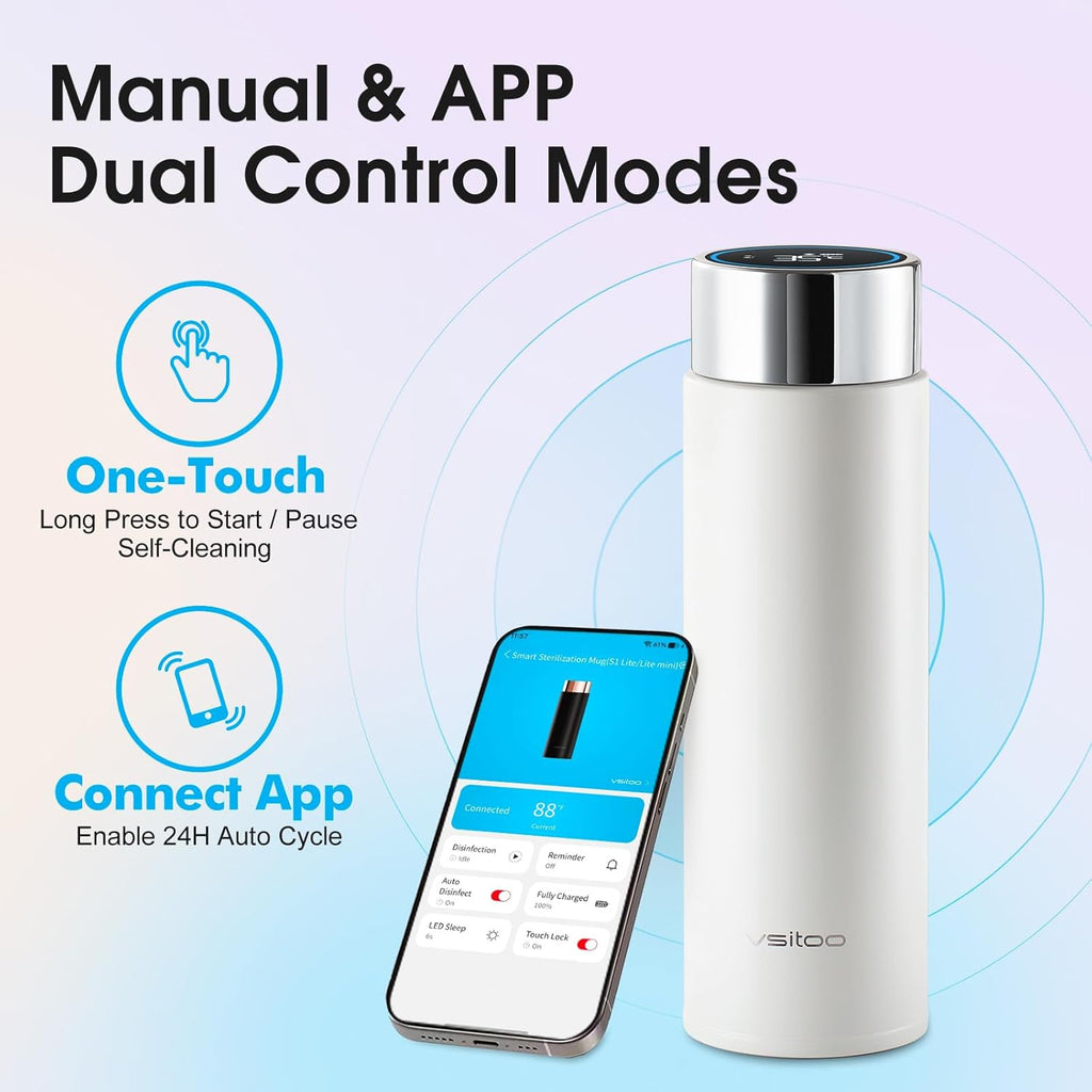 Vsitoo Smart self cleaning Insulated Water Bottle, 15oz Stainless Steel Vacuum Flask, AI Self-Clean, 30-Day Battery Life, BPA-Free, Magnetic Charging, Portable Travel Mug Gifts for Men Women, White