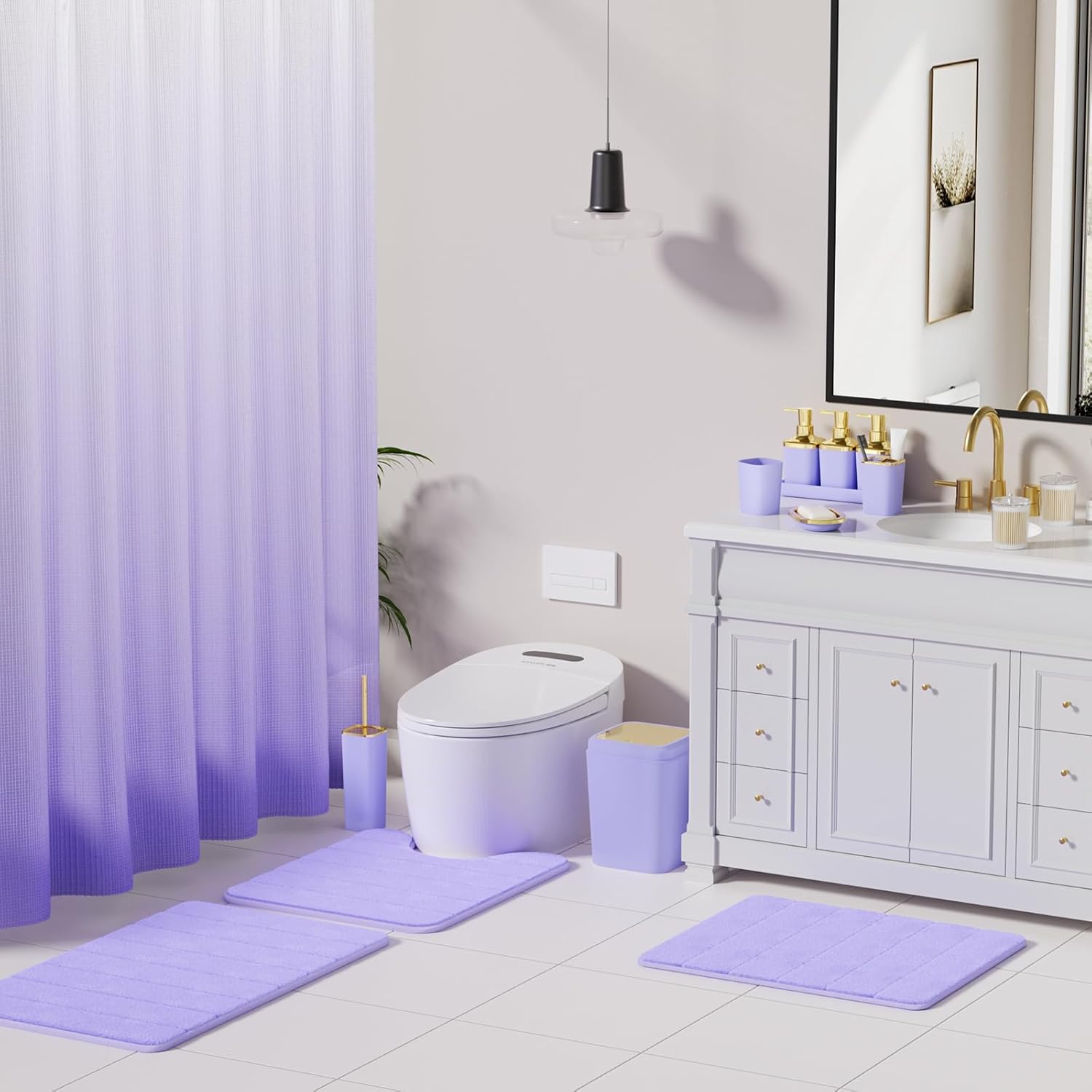 Bathroom Sets with Shower Curtain and Rugs, 27PC Bathroom Accessory Set, Purple Bathroom Set, Purple and Gold Bathroom Accessories Set with Trash Can, Toilet Brush and Soap Dispensers