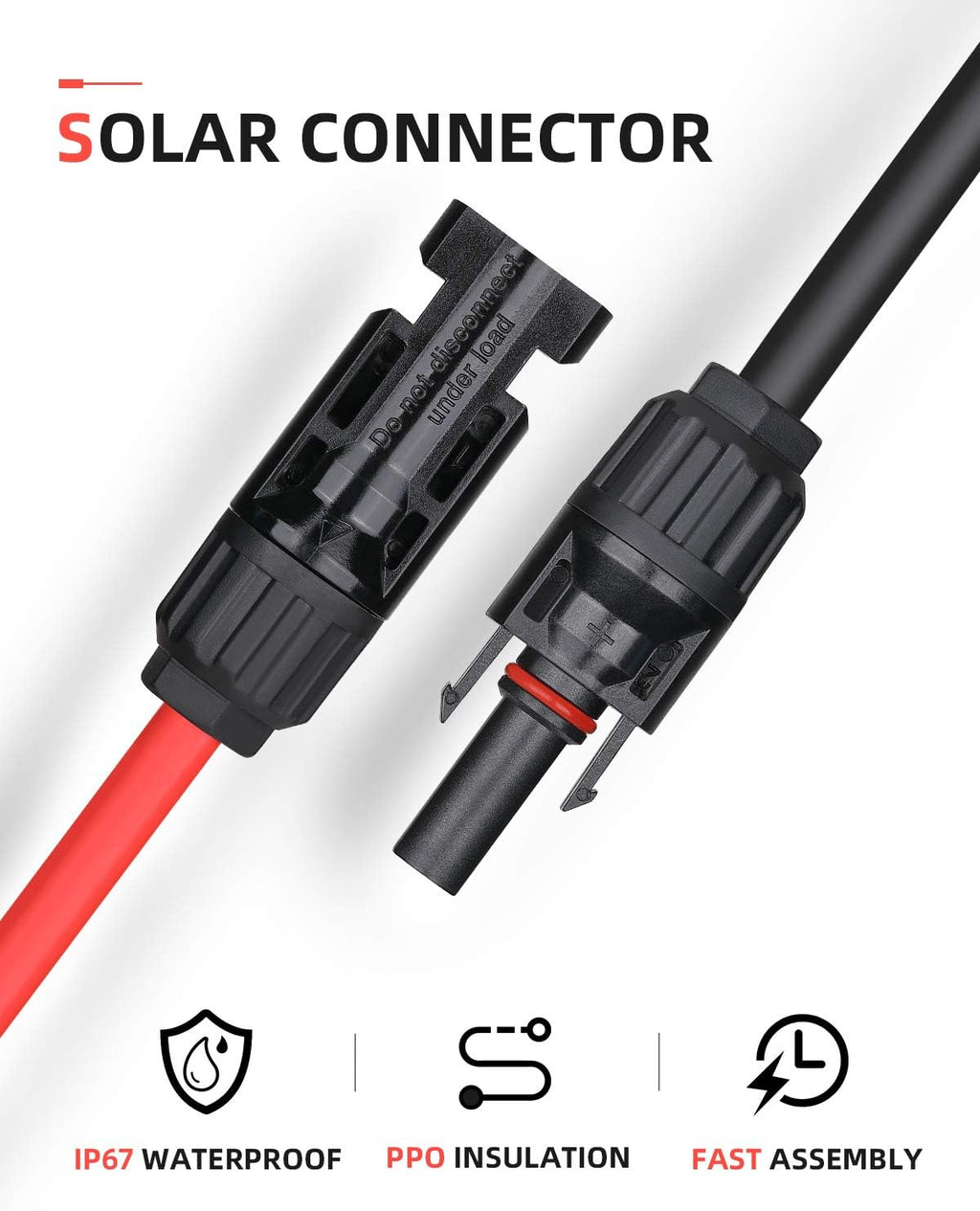 BougeRV 100Feet 10AWG Solar Extension Cable with Female and Male Connector with Extra Pair of Connectors Solar Panel Adaptor Kit Tool (100FT Red + 100FT Black)