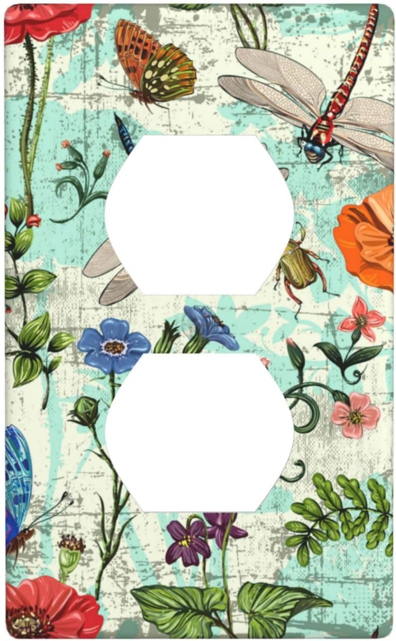 Dragonflies Flowers Butterfly 1 Gang Outlet Cover Outlet Light Switch Cover Decorative Single Duplex Wall Plate Cover For Home Living Bedroom Kitchen Decorative