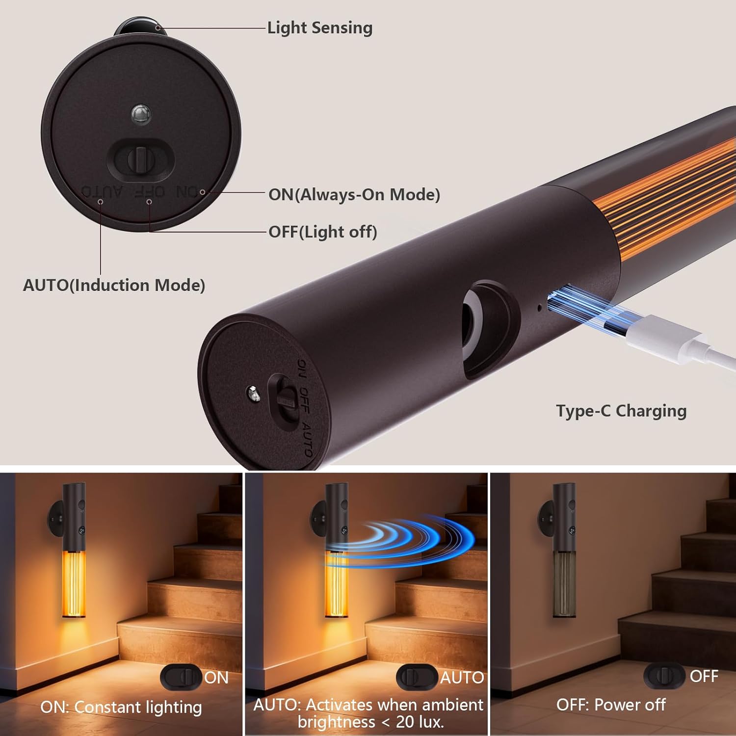 Koopala Motion Sensor LED Night Lights, Rechargeable Battery Operated Indoor Smart Motion Detector Nightlights with 3 Modes&3 Brightness, Auto Body Sensor Wall Lamps for Closet Stairway Cabinet