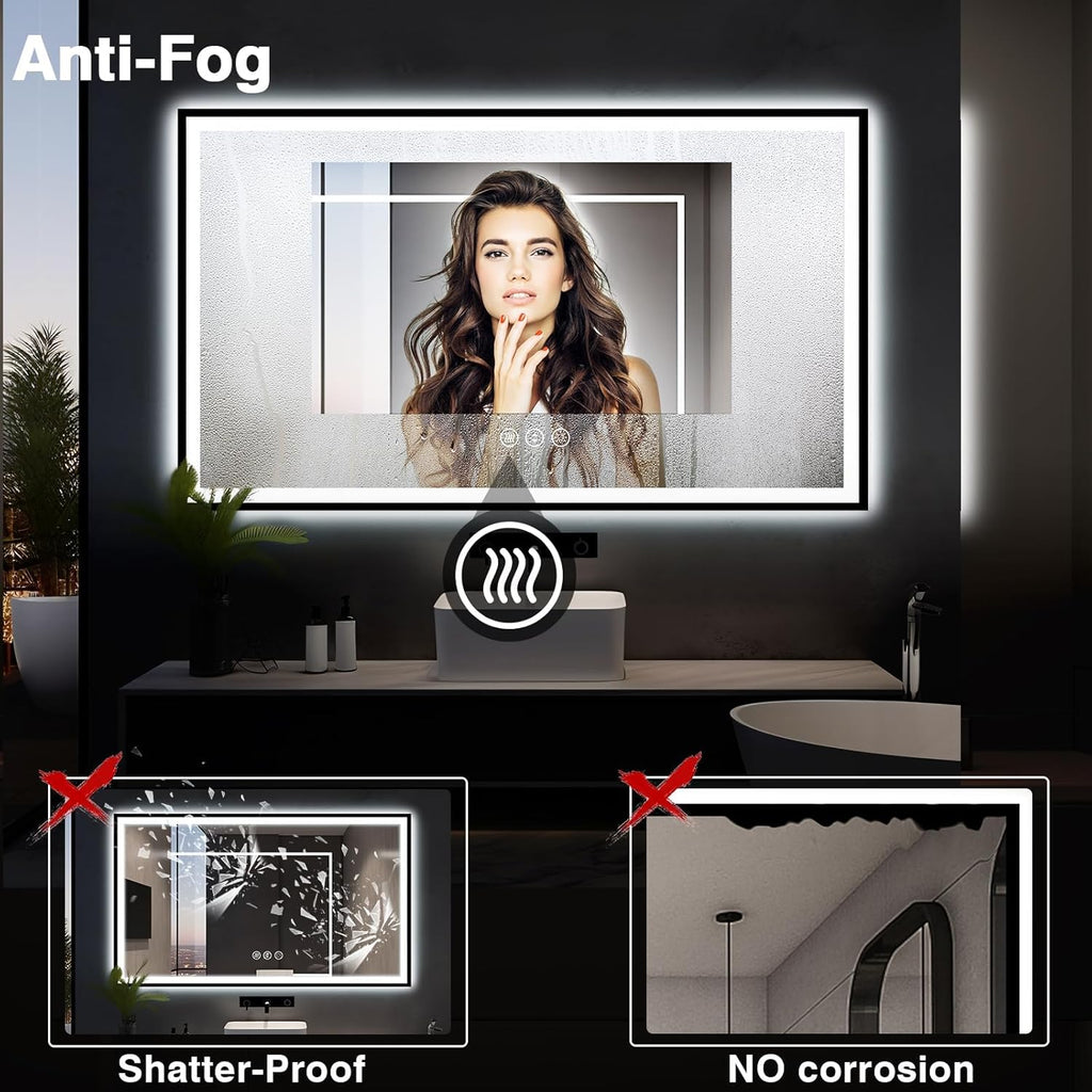 60x30 Large LED Bathroom Vanity Mirror -Black Aluminum Framed (Front and Backlit),Anti-Fog Illuminated Bathroom Mirror,Stepless 3 Colors Dimmable LED Smart Mirror(Horizontal/Vertical)
