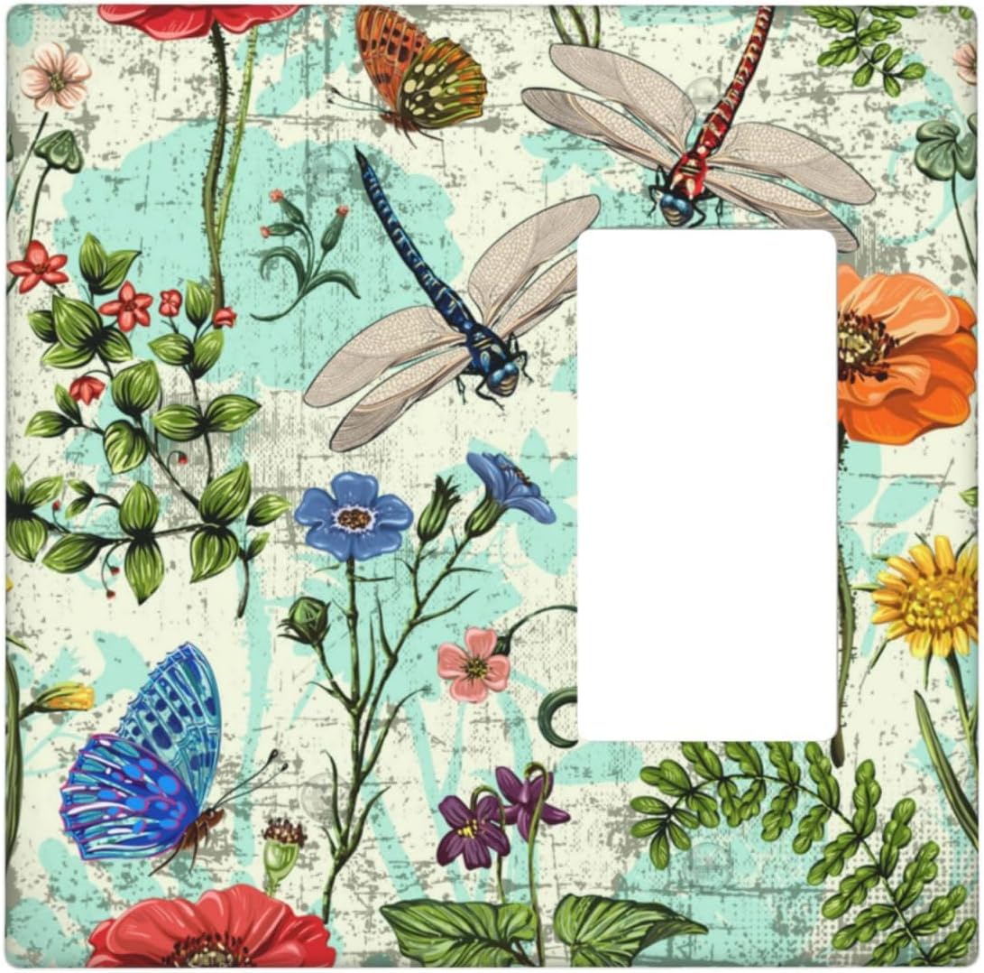 Dragonflies Flowers Butterfly 2 Gang 1 Rocker 1 Blank Outlet Light Switch Cover Decorative Wall Plate Cover For Home Living Bedroom Kitchen Decorative