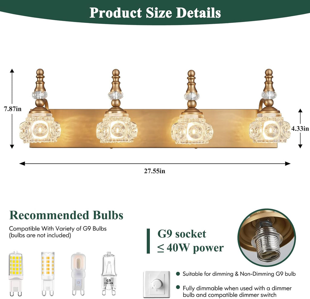 Modern Glass Crystal Vanity Light - Vintage Bathroom Lighting Fixtures Over Mirror, 4 Light Vanity Lights G9 Bulb (27.55 Inch,Brass)