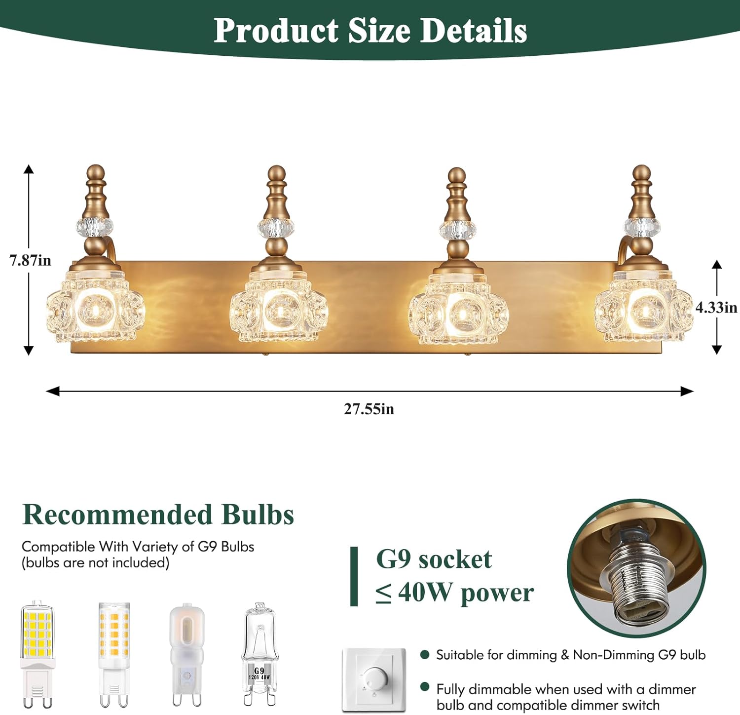 Modern Glass Crystal Vanity Light - Vintage Bathroom Lighting Fixtures Over Mirror, 4 Light Vanity Lights G9 Bulb (27.55 Inch,Brass)