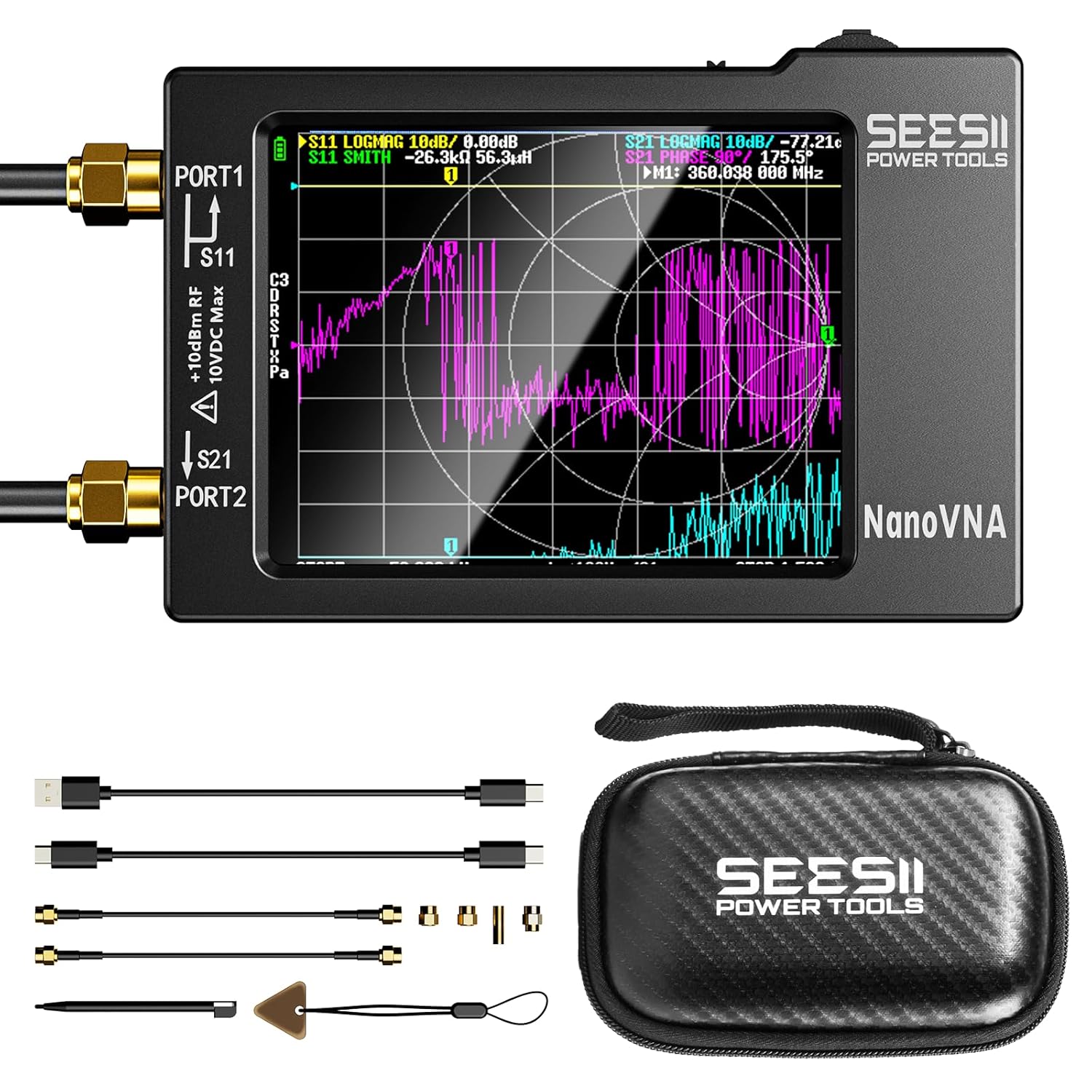 SEESII NanoVNA-H Antenna & Vector Network Analyzer 10KHz-1.5GHz with 2.8" EVA Protective Case, Waterproof & Shockproof, Measures S-Parameters, SWR, Phase, Delay, Smith Chart