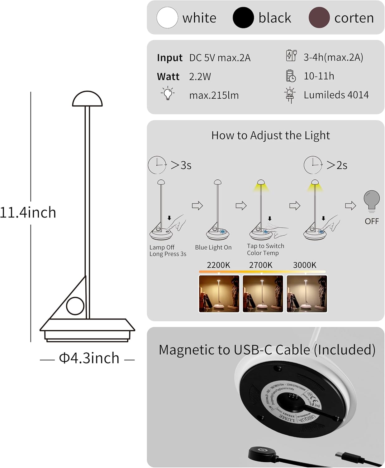 Cordless Table Lamp - LUME, Geometric Aesthetics, Magnetic Charging, Dimmable & Adjustable Lighting, IP65 - Portable Rechargeable LED Lamp for HoReCa, Bedroom, Living Room, Outdoor Use (Black)