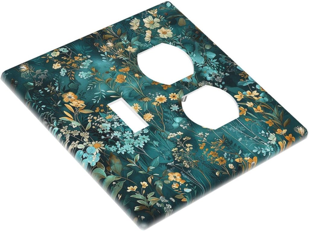 Wallplates Green Leaf Floral Boho Golden Flower Plant 1 Toggle 1 Duplex Switch Plate Electrical Gfci Faceplate Decorative Light Switch Covers For Bed Room Cabin Decor