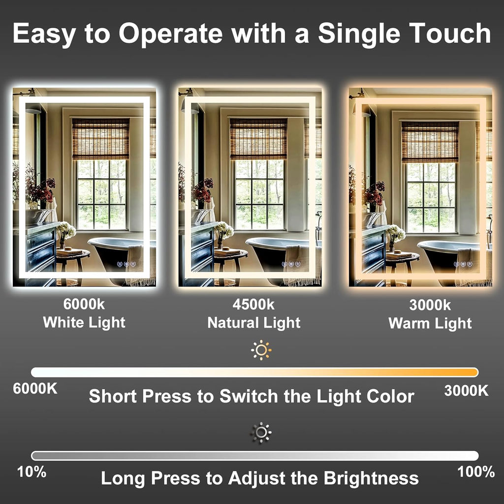 GLSLAND 26"x38" LED Bathroom Mirror with Lights, Dimmable Front and Backlit Vanity Mirrors, Wall Mounted Anti-Fog Lighted Mirror, Horizontal/Vertical Hanging