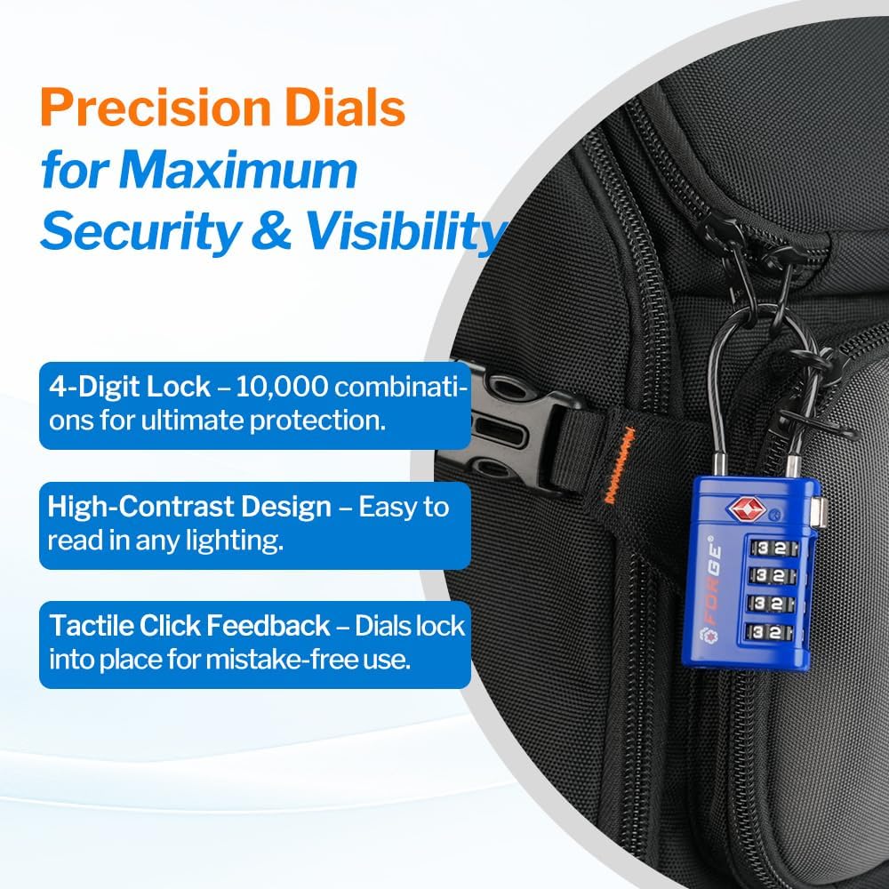 Forge TSA Approved Luggage Locks 4 Digit Combination TSA Travel Locks with TSA008, Open Alert Indicator, Zinc Alloy Body for Luggage, Suitcase, Backpack, and More. Blue 4 Locks.