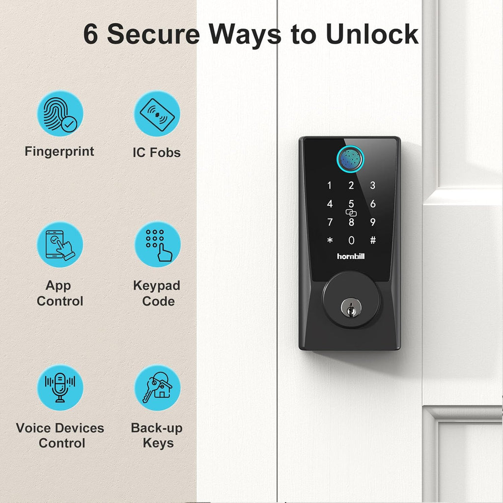 Hornbill WiFi Smart Locks for Front Door: Keyless Entry WiFi Keypad Deadbolt Lock, Compatible with Alexa, Remote Control, Fingerprint Password Unlock, Auto Lock, Built-in Wi-Fi (2.4Ghz)