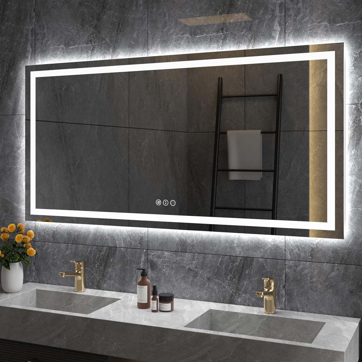 Amorho LED Bathroom Mirror, 60" X30" with Front Light and Backlight, Large Vanity Mirrors for Wall, Anti-Fog, ShatterProof, Memory, 3 Colors, ETL Listed