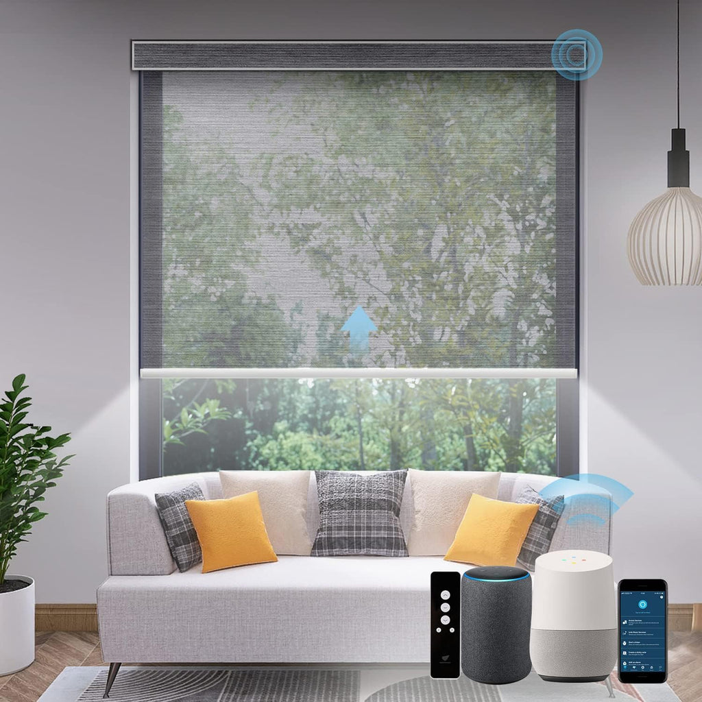 SmartWings Motorized Light Filtering Shades, Work with Homekit, Alexa SmartThings Google, 50% Blackout PVC Free Smart Blinds for Windows, Cordless Window Shades with Remote, Customized, Silver