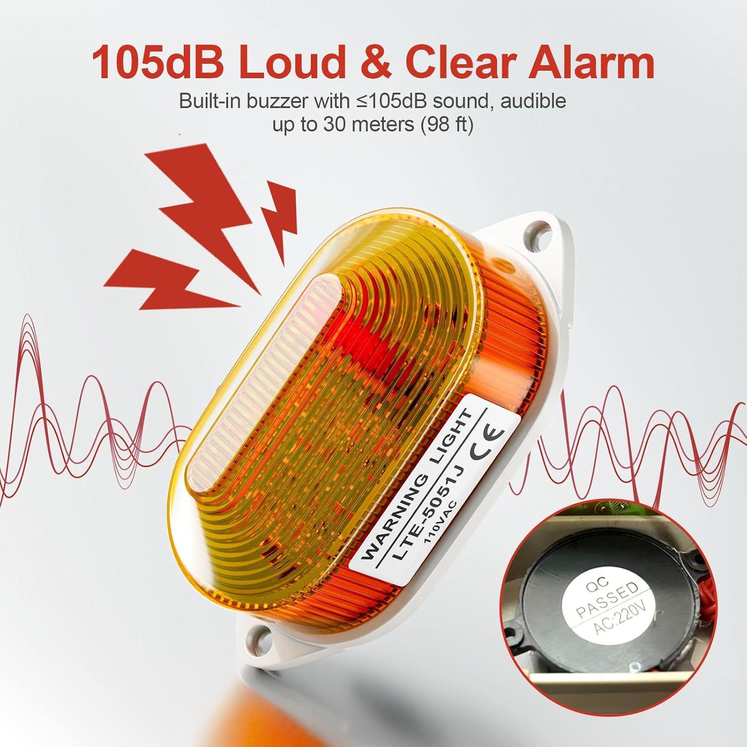 AC110V Strobe Siren Industrial Warning Light with Yellow LED and 105dB Buzzer, Ultra-Bright Signal Flashing Alarm Light for Safety and Alert, Oval