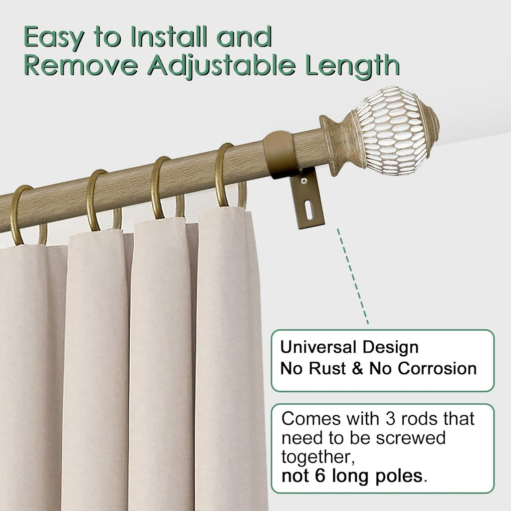 Curtain Rods for Windows 16 to 120 Inches Adjustable Length 1 Inch Diameter Window Curtain Rod with Wood Grain Leaf Pattern Finials,for Heavy Duty Curtains Rods