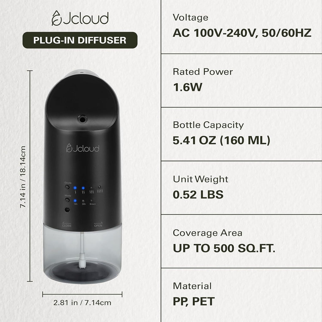 JCLOUD 2025 Plug in Diffuser | Cover Up to 500 Sq. Ft. for Home, Office, Spa – Portable Smart Wall Diffuser 160ML, Black with Royal Serenity Essential Oil Inspired by Luxury Hotel - 140mL