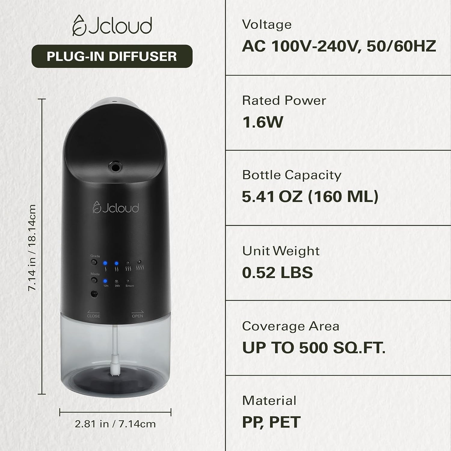 JCLOUD 2025 Plug in Diffuser | Cover Up to 500 Sq. Ft. for Home, Office, Spa – Portable Smart Wall Diffuser 160ML, Black with Royal Serenity Essential Oil Inspired by Luxury Hotel - 140mL