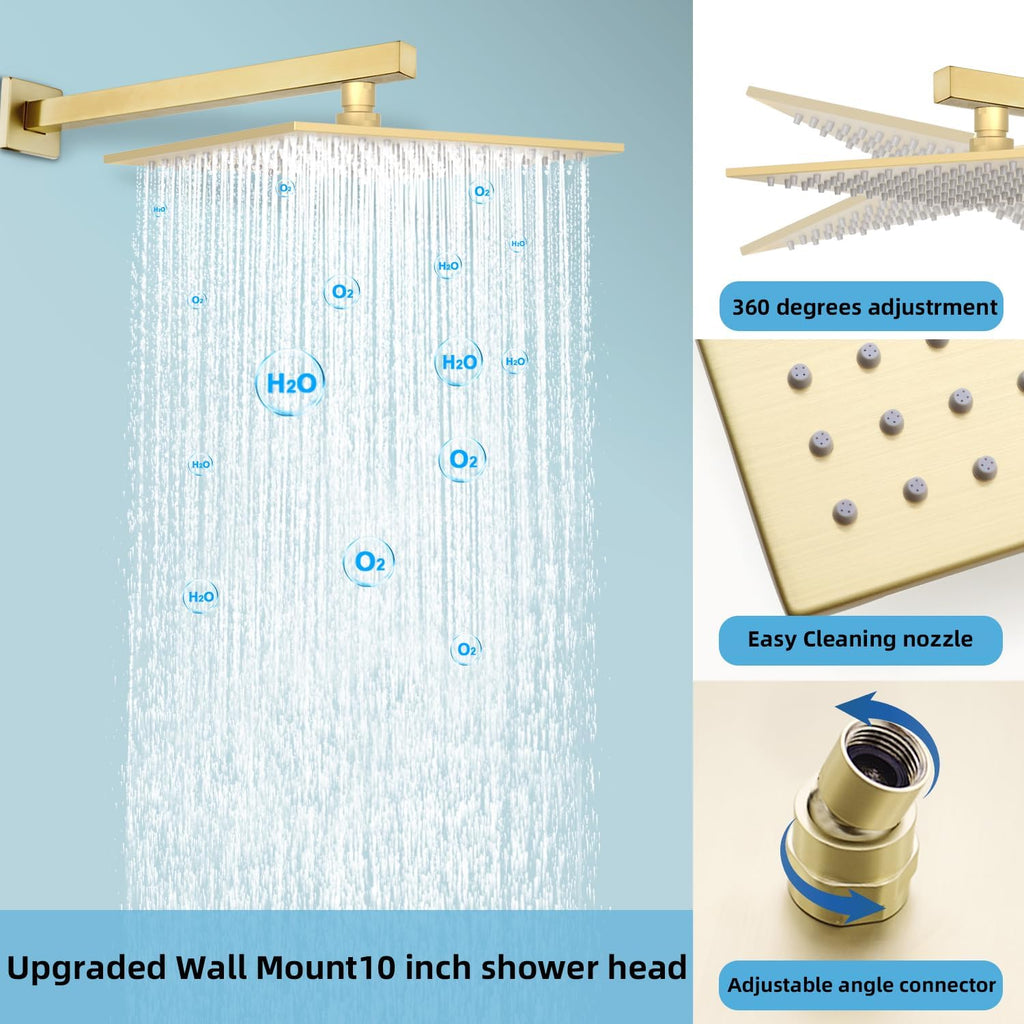 Digital Display Dual Head Shower system Rain Shower System Shower Wall Mount 10 Inch Ceiling Shower Head with 6 Inch Shower Head with shower handheld(Brushed Gold)