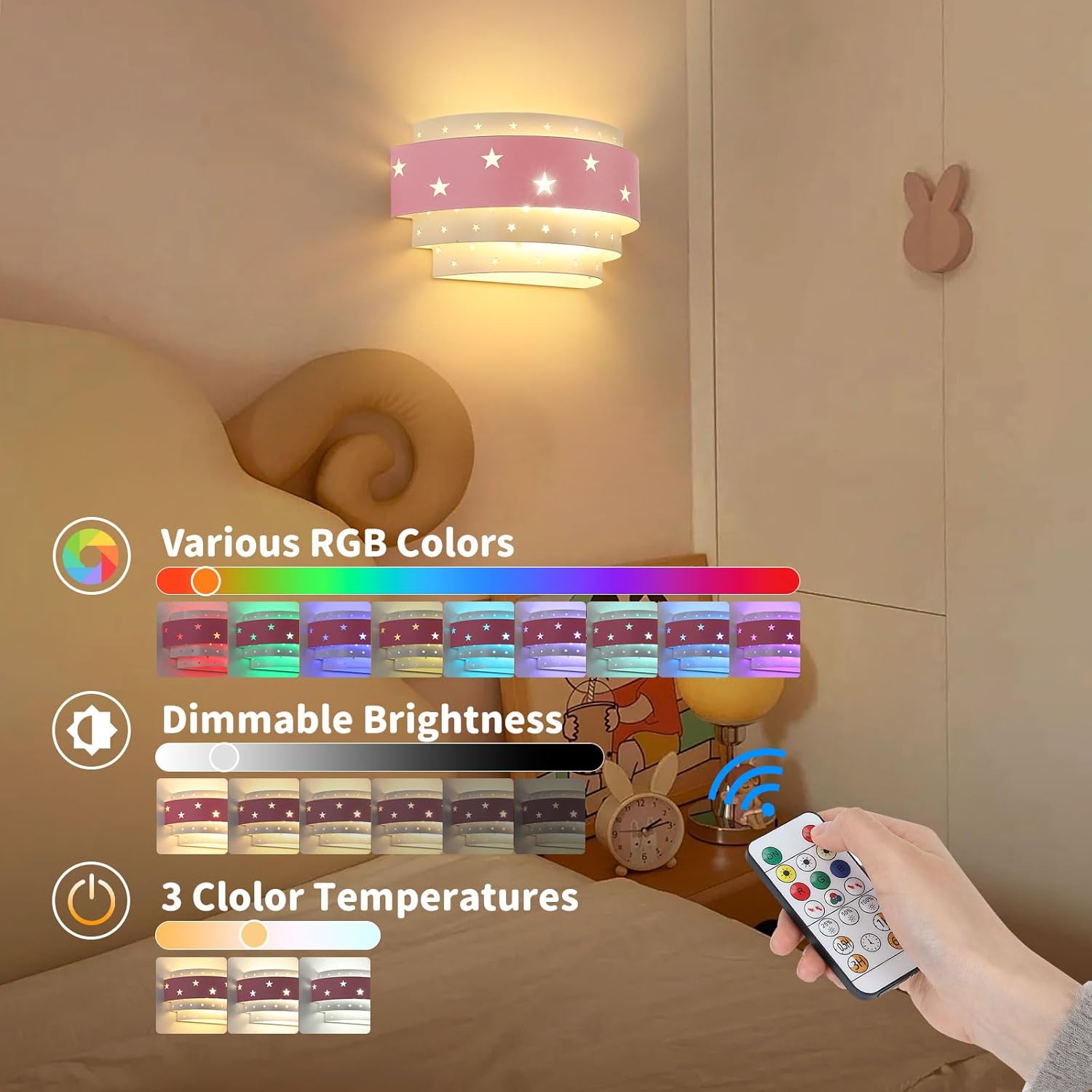 Lightess Pink Wall Sconce Battery Operated for Girls Room, LED Dimmable Wall Light Star, Cordless Wall Lamp for Children Bedroom Decor