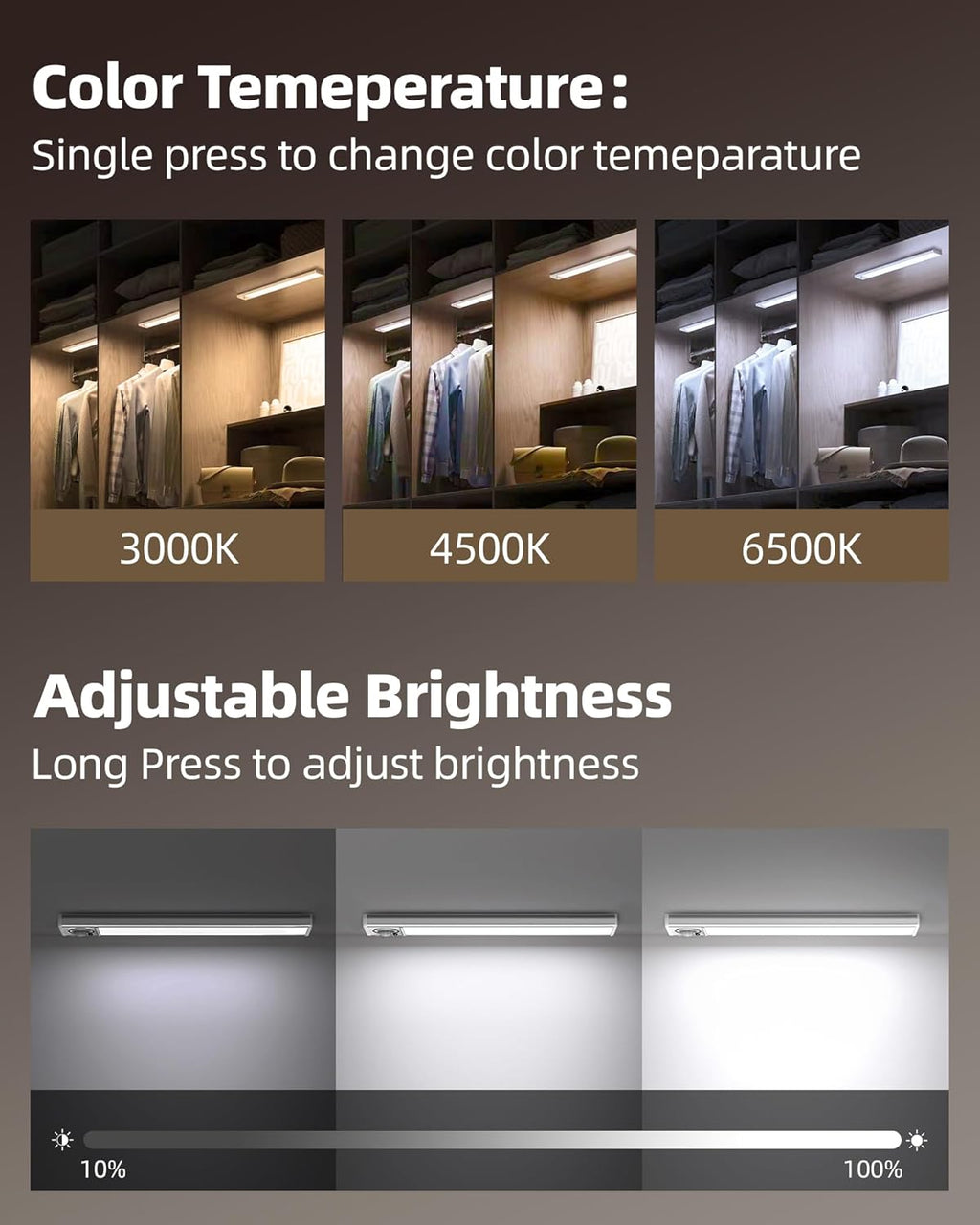 Under Cabinet Lighting Wireless,Rechargeable Battery Motion Sensor Light Indoor,LED Closet Lights USB Charging,3 Color Dimmable Under Cabinet Lights for Kitchen (3 Pcs) 7inch