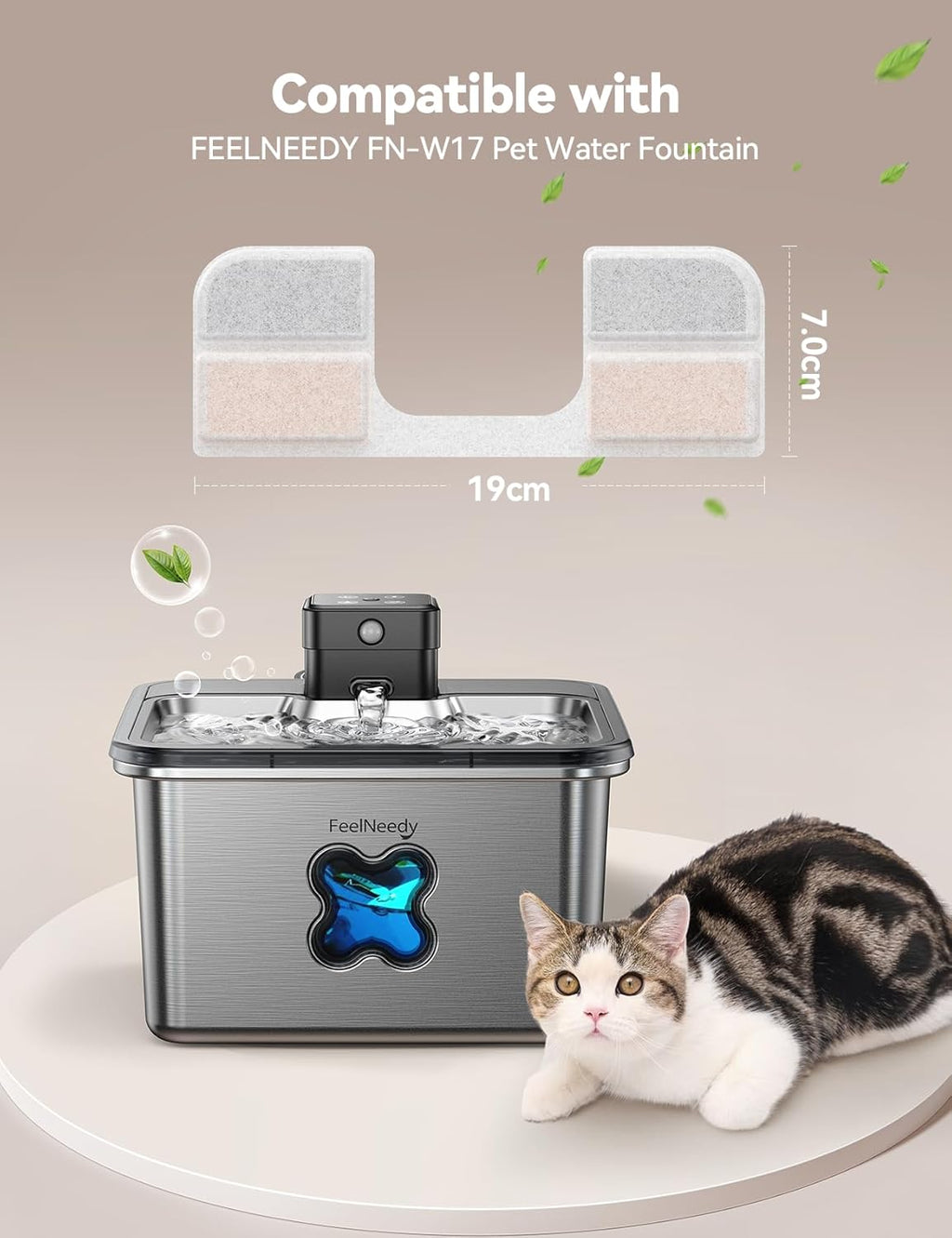 6 Pack Replacement Filters + 6 Pump Sponges for Cat Water Fountain [FN-W17] - 108oz/3.2L Pet Water Fountain Filters