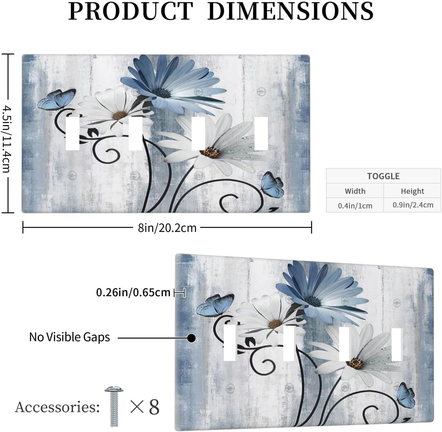 Decorative Light Switch Cover Plate Rustic Blue White Daisy Ink Flower 4 Gang Wall Plates for Electrical Outlets Quad Toggle Switch Plate Covers Outlet Covers Faceplate for Bedroom Home Decor