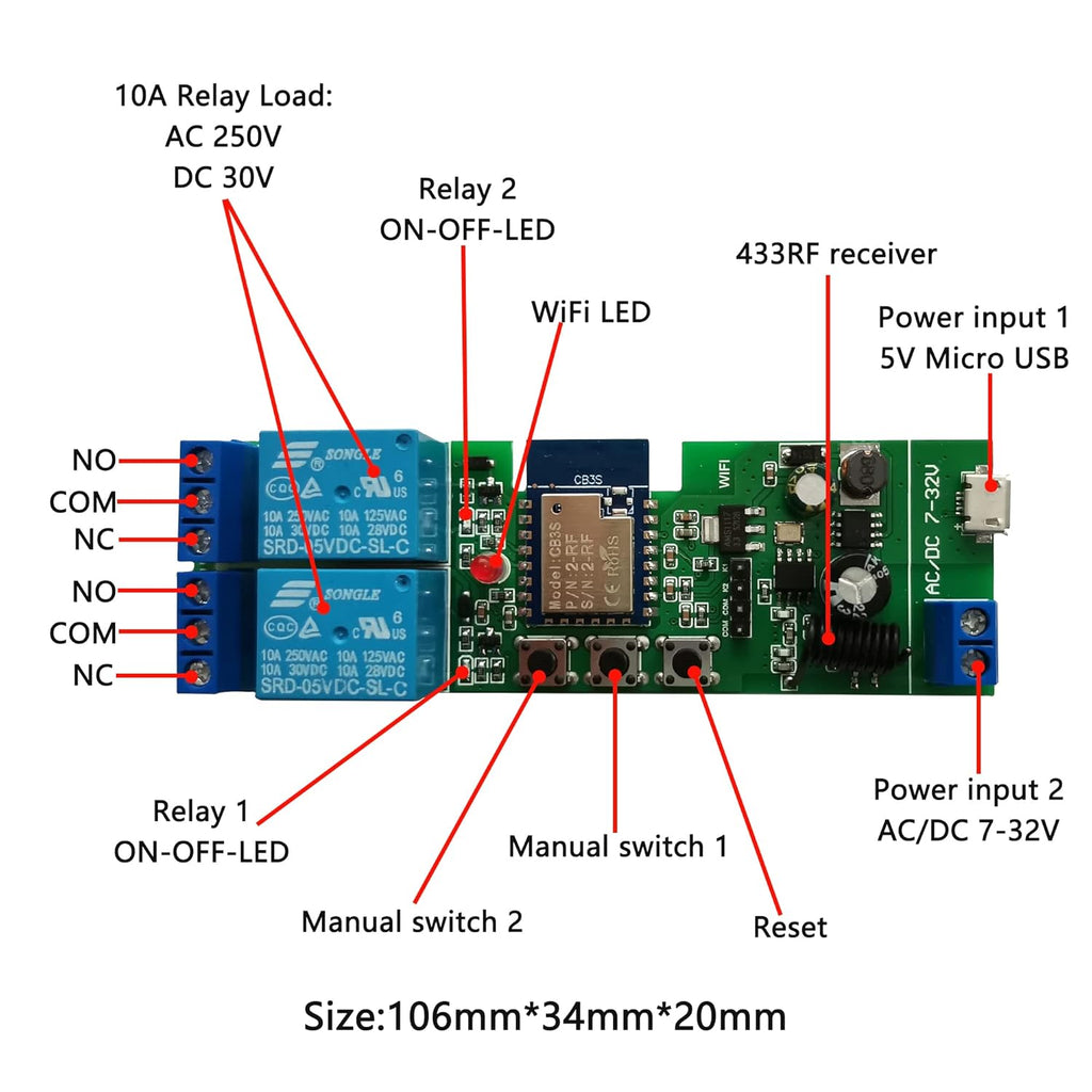 Jane Eyre WiFi Wireless Relay Module 2 Channel Remote Switch Momentary/Self-Locking Relay for Tuya/Smart Life APP with 433MHz RF Remote Control Compatible with Alexa and Google Assistant