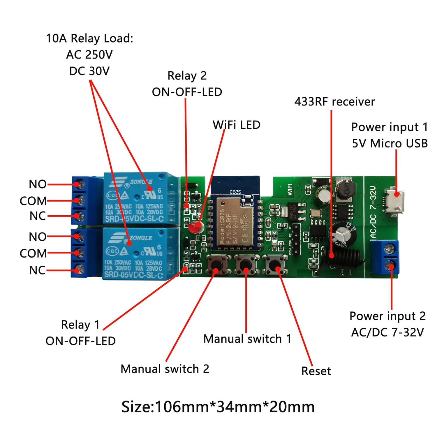 Jane Eyre WiFi Wireless Relay Module 2 Channel Remote Switch Momentary/Self-Locking Relay for Tuya/Smart Life APP with 433MHz RF Remote Control Compatible with Alexa and Google Assistant