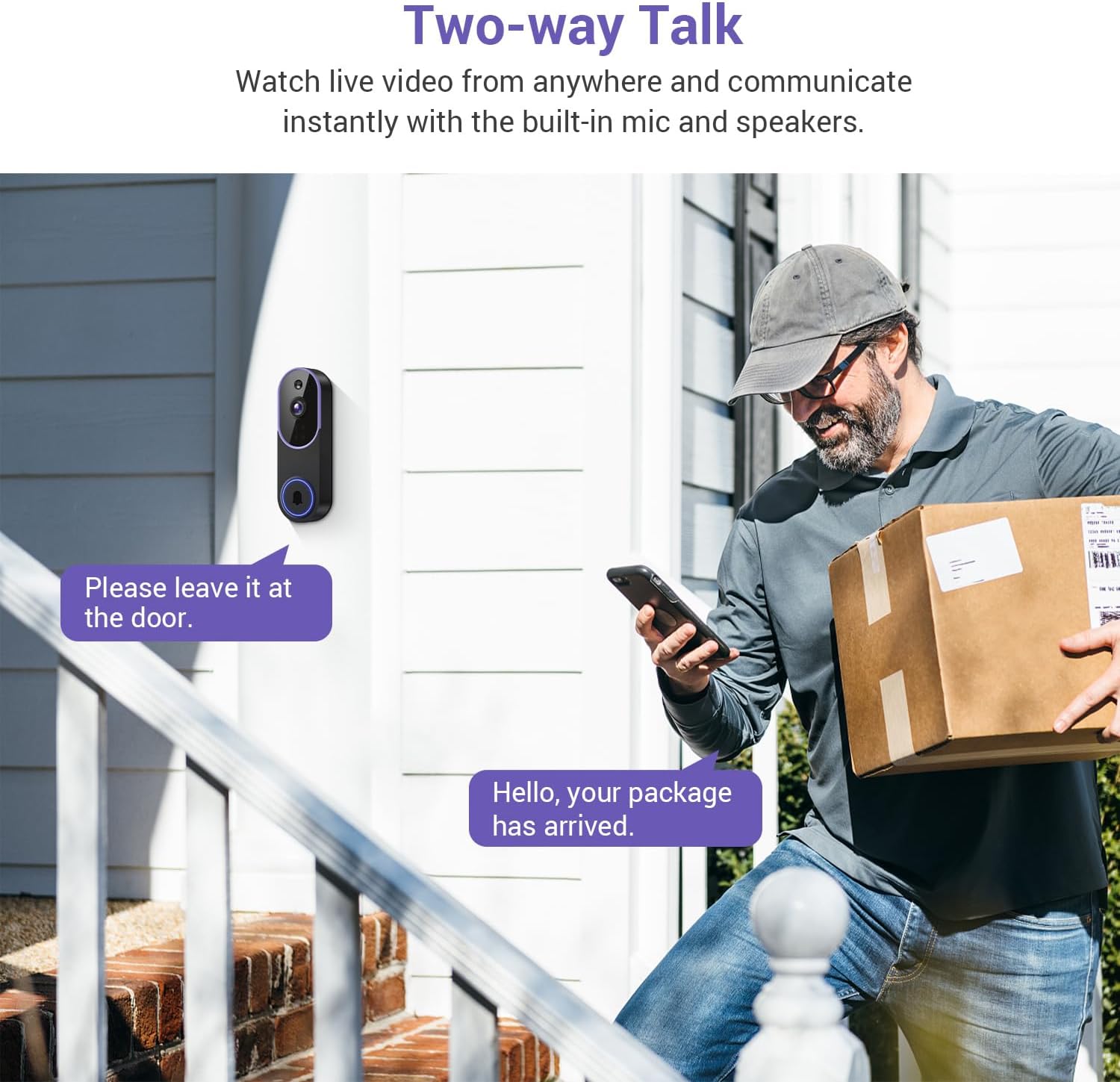 1080P Smart Video Doorbell Camera with Motion Detection, Night Vision, Cloud Storage, Two-Way Talk, Battery Powered, Home or Business Security, 2.4GHz Wi-Fi(Excluding Receiver)