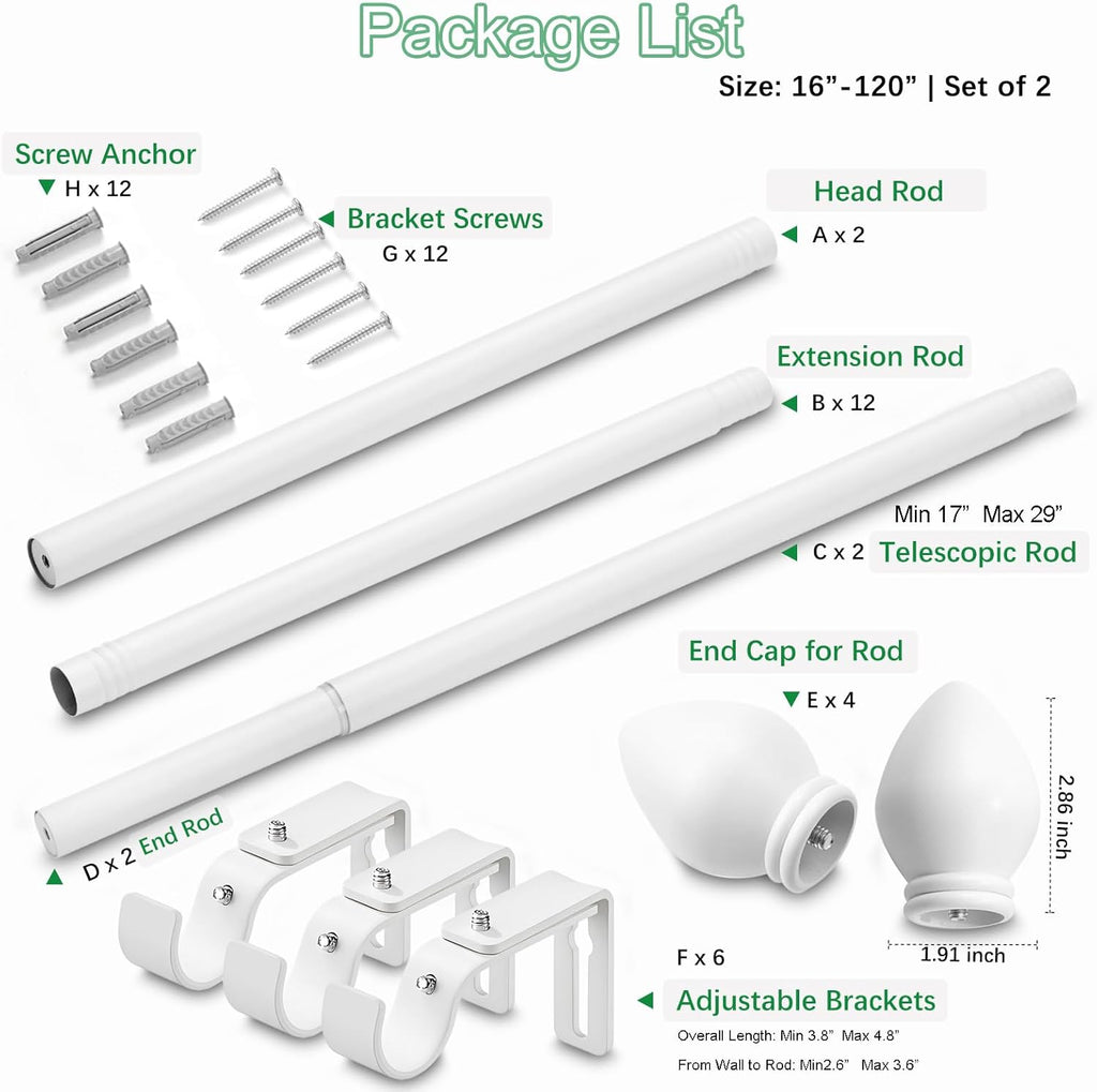 Curtain Rods for Windows 16 to 120 inches, Curtain Rod Max Adjustable Length to 132 in, Drapery Rod 1 inch Diameter with Modern Knobs Finials (White, 16" to 120" - Set of 2)