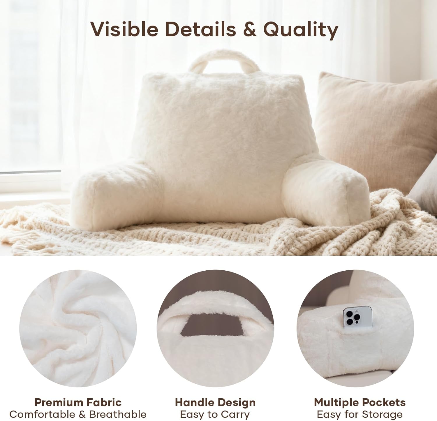 NOONTIDE Reading Pillow for Adults Sitting in Bed:Large Back Pillow with Detachable Neck Roll and Individual Cushion，Cover Washable Sit up Pillow,Watching TV/Gaming/Relaxing(FurryWhite)