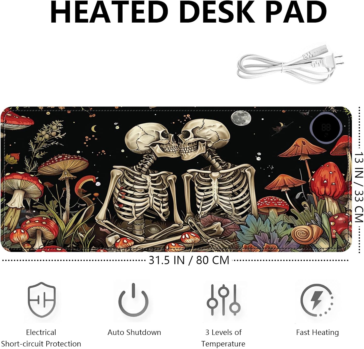 Heated Mouse Pad with 3 Levels Heated & 3 Hours Auto Shut-Off Mouse Pad for Warming Hands in Office Home, 31.5" x 13"Large Safe Desk Mat Hand Warmer，Kiss Skull