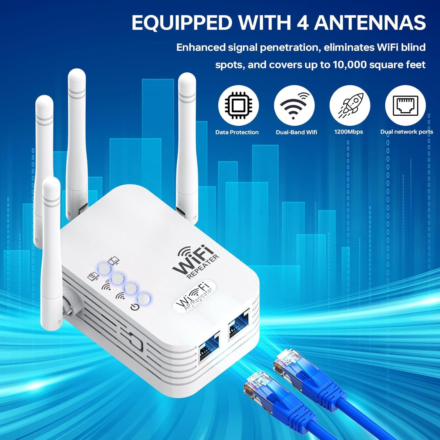 WiFi Extender, WiFi Extenders Signal Booster for Home Up to 8500 sq.ft and 45 Devices, WiFi Range Extender, Wireless Repeater, Long Range Amplifier with Ethernet Port, 1-Tap Setup, Alexa Compatible
