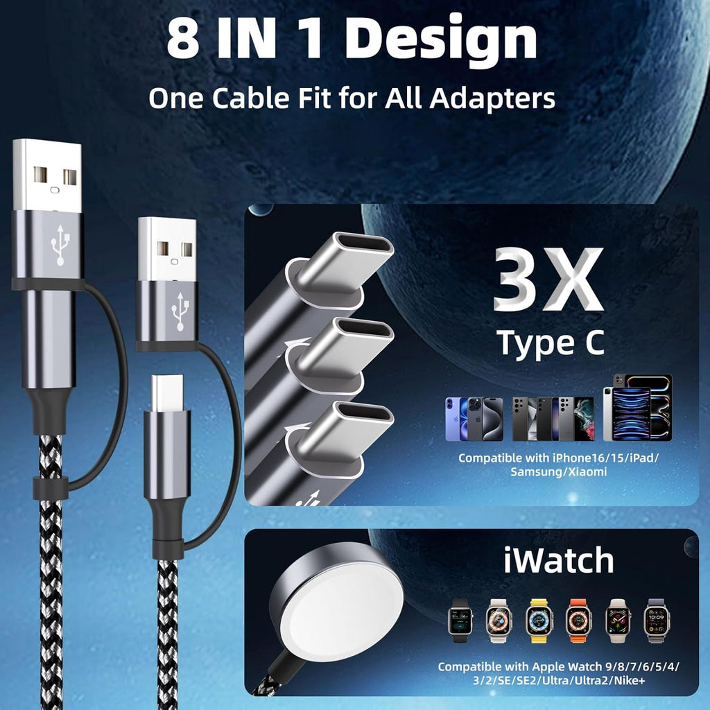 4 in 2 Charging Cable for Apple iWatch Charger with 3 Type-C Ports, Travel Essentials USB C Splitter Multi Charging Cable/Cord for iWatch Ultra/SE/10-1, iPhone17 16 15 14, Android, More -1Pack 5FT