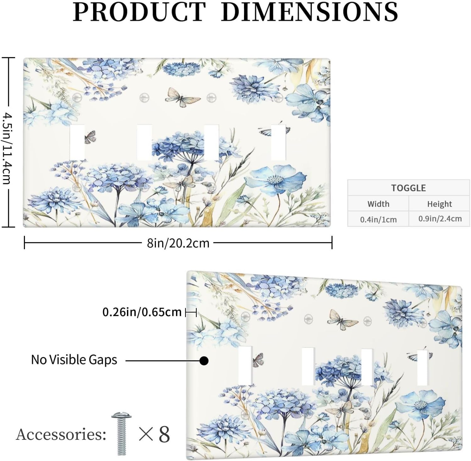 Light Switch Covers Blue Floral Hydrangea Plants Quad Toggle 4 Gang Wall Plate Electrical Faceplate Decorative Switch Plates for Bedroom Home Decor