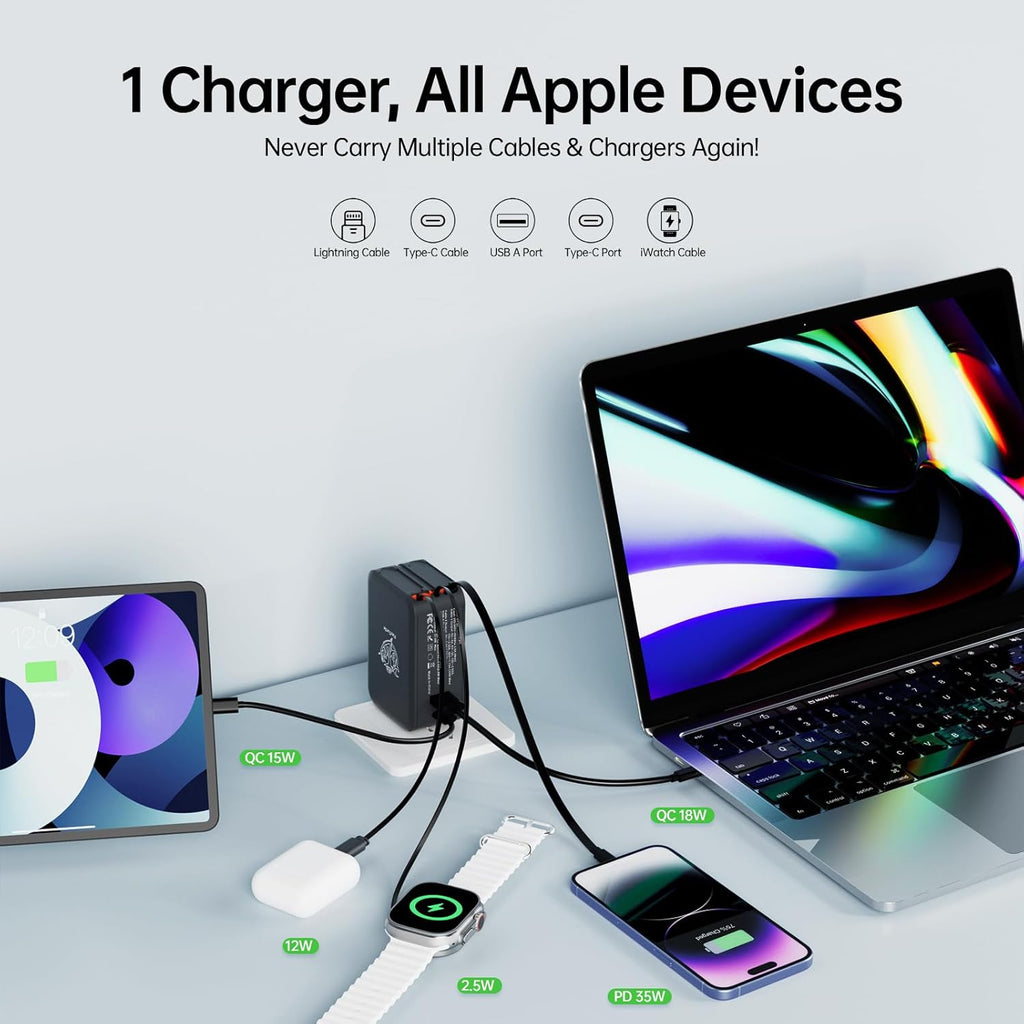 Retractable Apple Watch Charger, 5 in 1 Travel Charging Station for Apple Devices, Retractable Chargers for Multiple Devices with Multi Charging Cable, Charger Block for Apple Gear (Black)