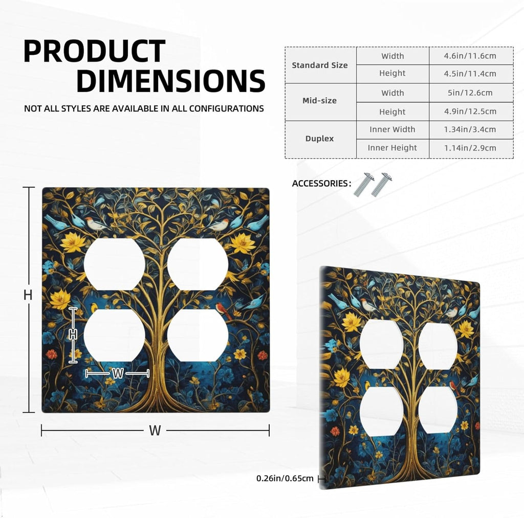 Decorative Outlet Covers Gold Tree of Life Blue Bird Yellow Flower 2 Gang Wall Plate Double Duplex Light Switch Cover Switch Plate Covers Faceplate for Bedroom Home Decor