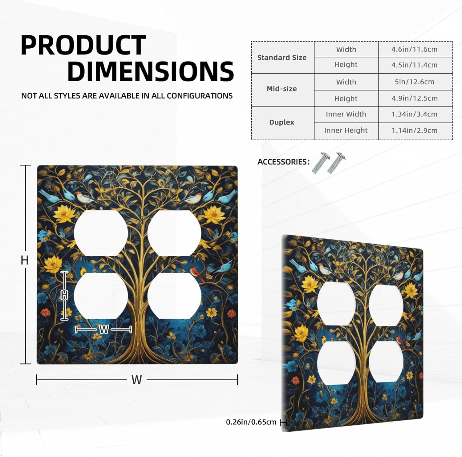 Decorative Outlet Covers Gold Tree of Life Blue Bird Yellow Flower 2 Gang Wall Plate Double Duplex Light Switch Cover Switch Plate Covers Faceplate for Bedroom Home Decor