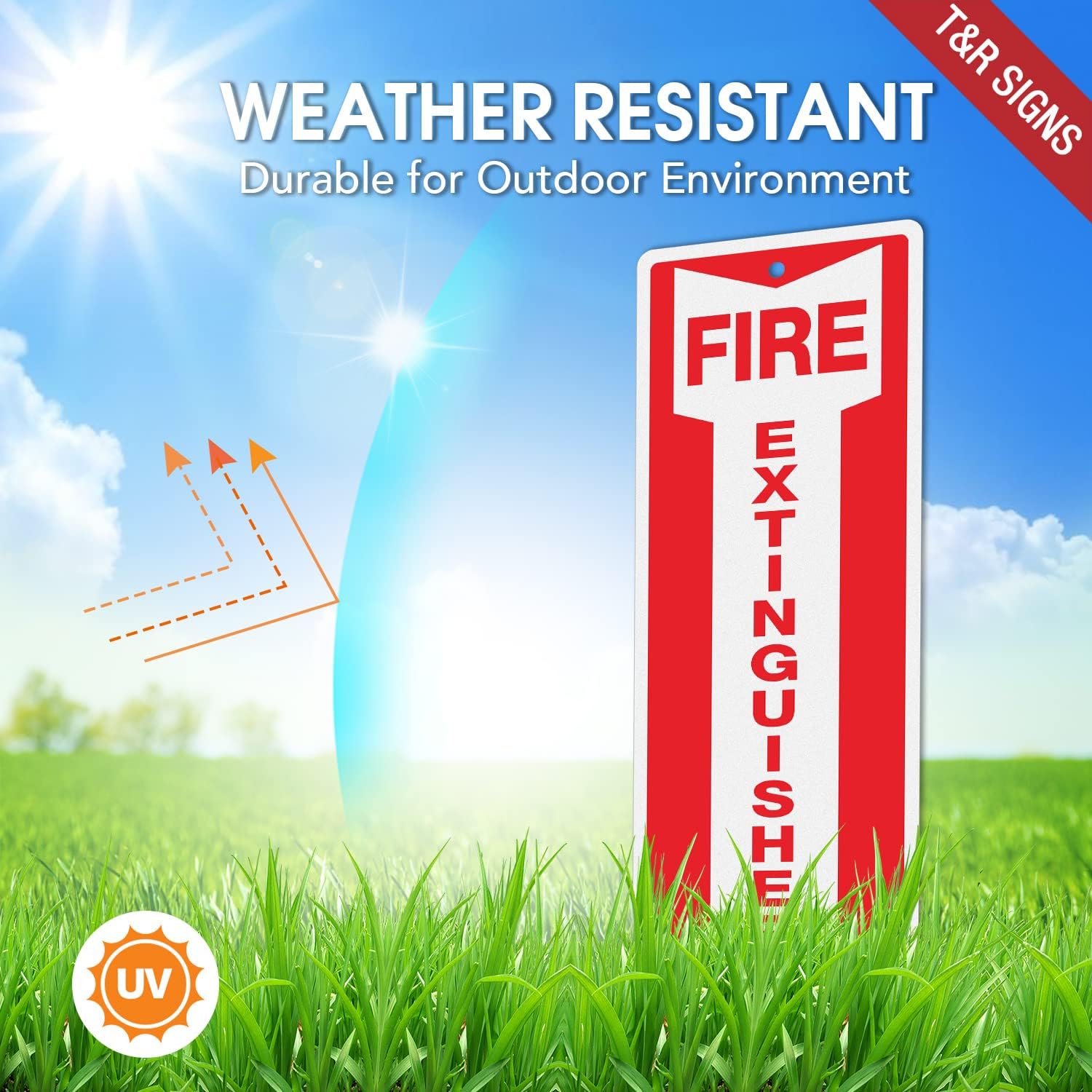 T&R Metal Fire Extinguisher Sign - 12 Pack - 12"x4" .040 Rust Free Heavy Aluminum, Reflective, Waterproof, Weatherproof and Fade Resistant, 2 pre-drilled holes, Easy to Install Indoors and Outdoors