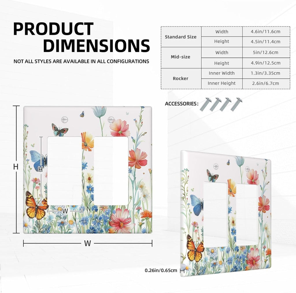 Decorative Outlet Covers Rustic Wildflower Blue Pink Floral Butterfly 2 Gang Light Switch Cover Plate Double Rocker Wall Plates for Electrical Outlets Switch Plate Covers for Home Decor